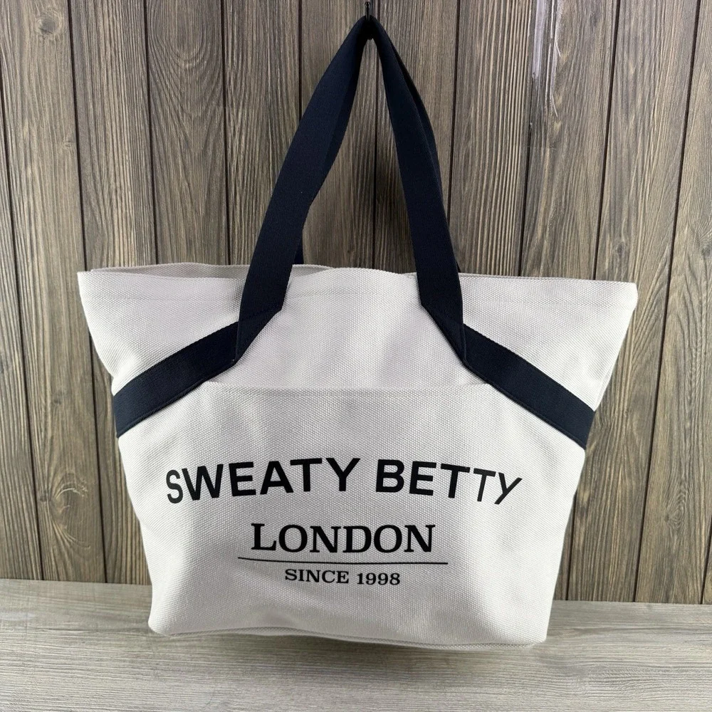Sweaty Betty London Essentials Canvas Tote Bag White Black Logo Large Cotton